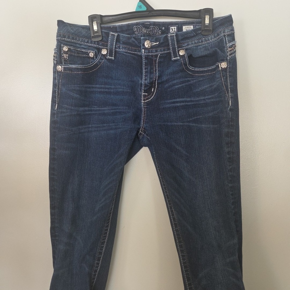 MISS ME Standard Boot Cut Jeans Dark Wash Flap Pockets Crystals Size 31 x 35